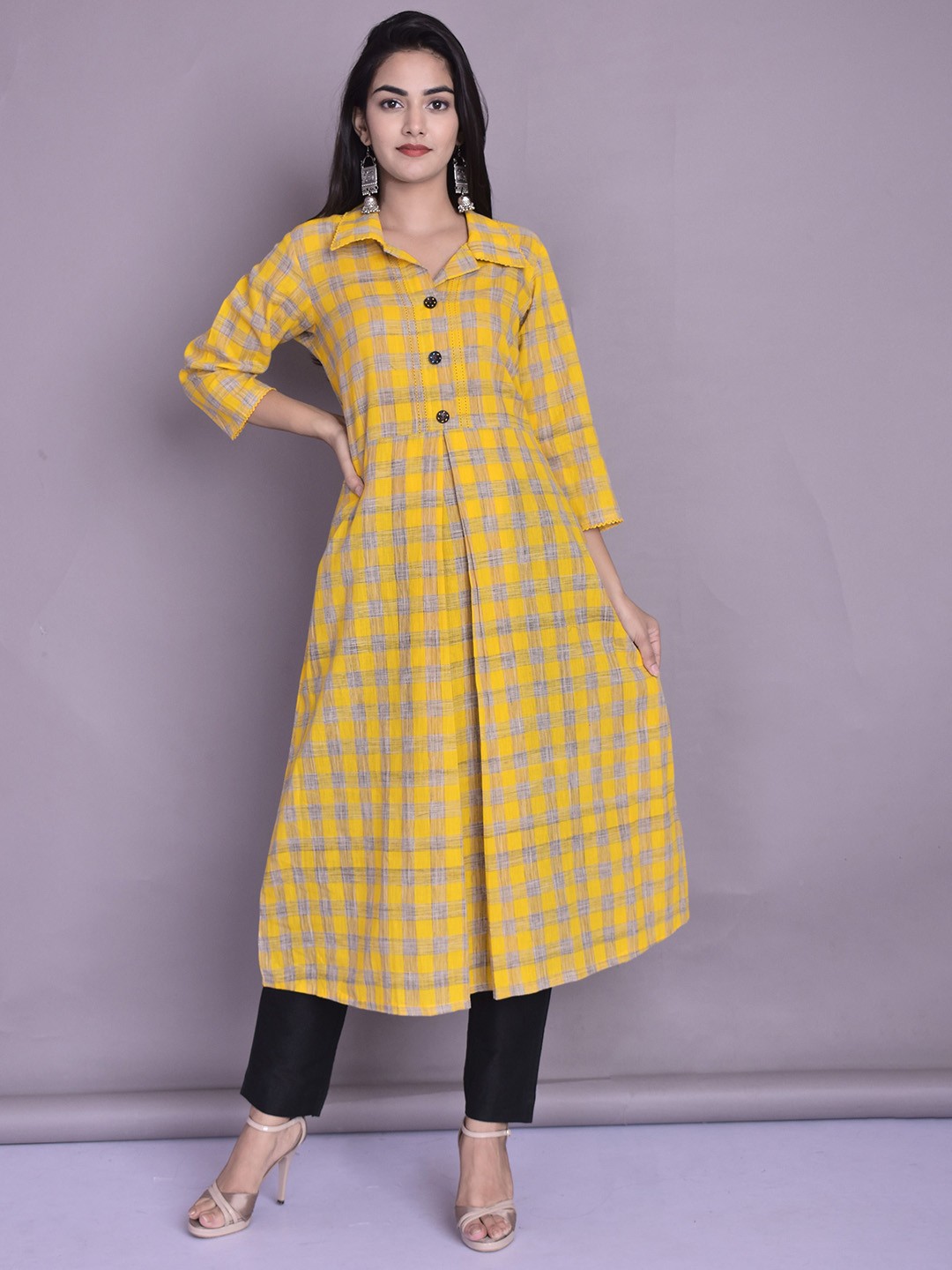 

Anootha Checked Shirt Collar A Line Pure Cotton Kurta, Yellow