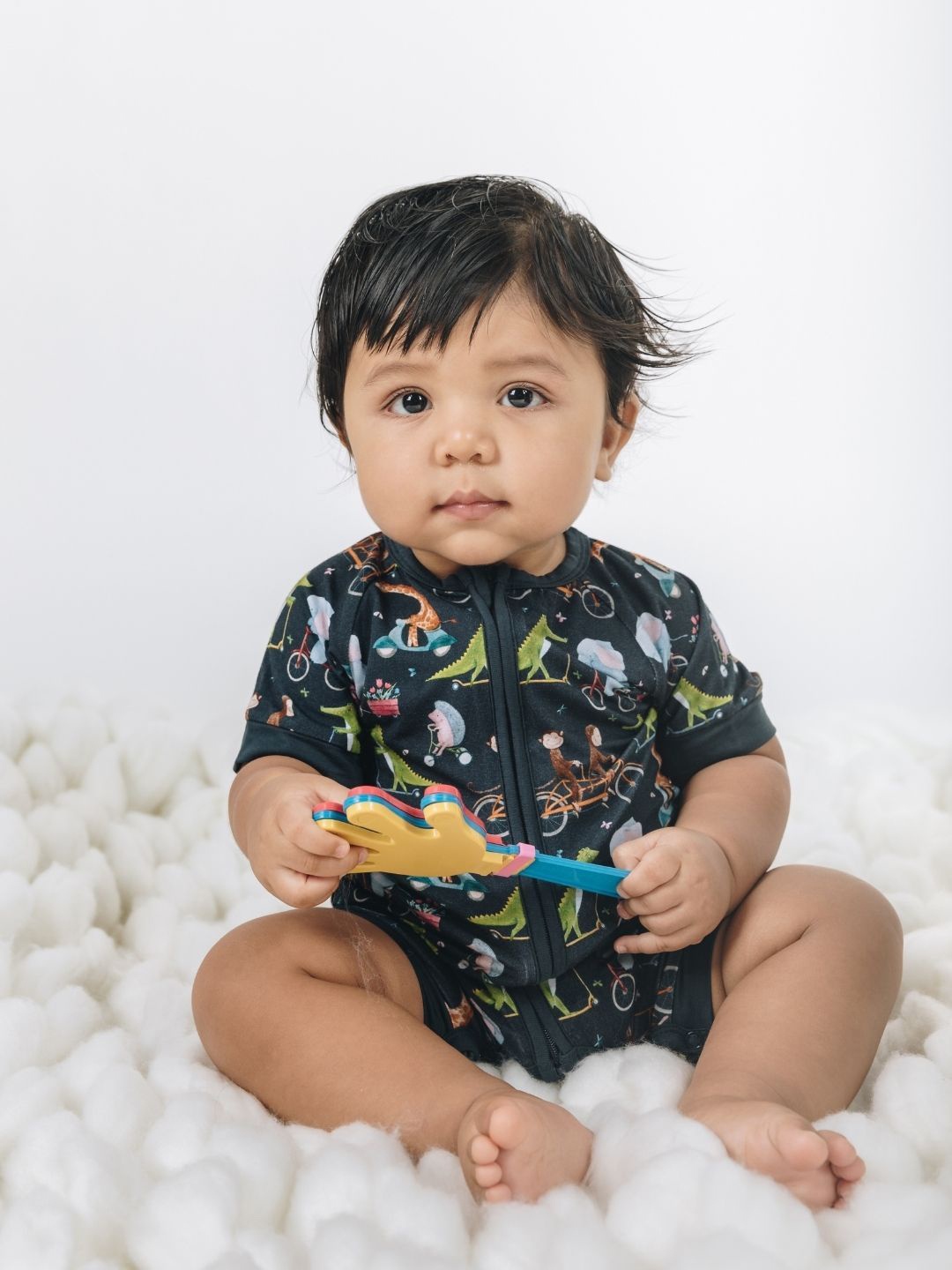 

THE PLUSH CLUB Infants Animal Printed Round Neck Rompers, Navy blue