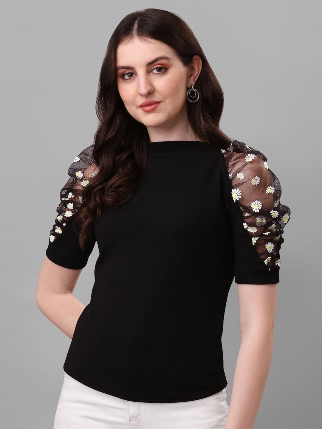 

De La Moda Print Puff Sleeve Top, Black