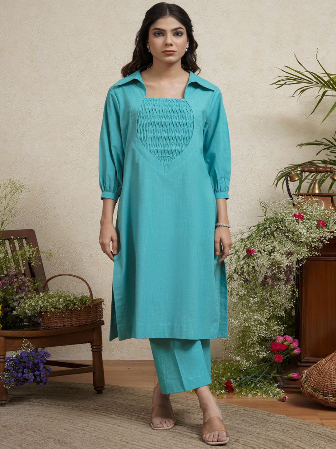 

House of Nitya Self Design Shirt Collar Pure Cotton Kurta With Trousers, Blue