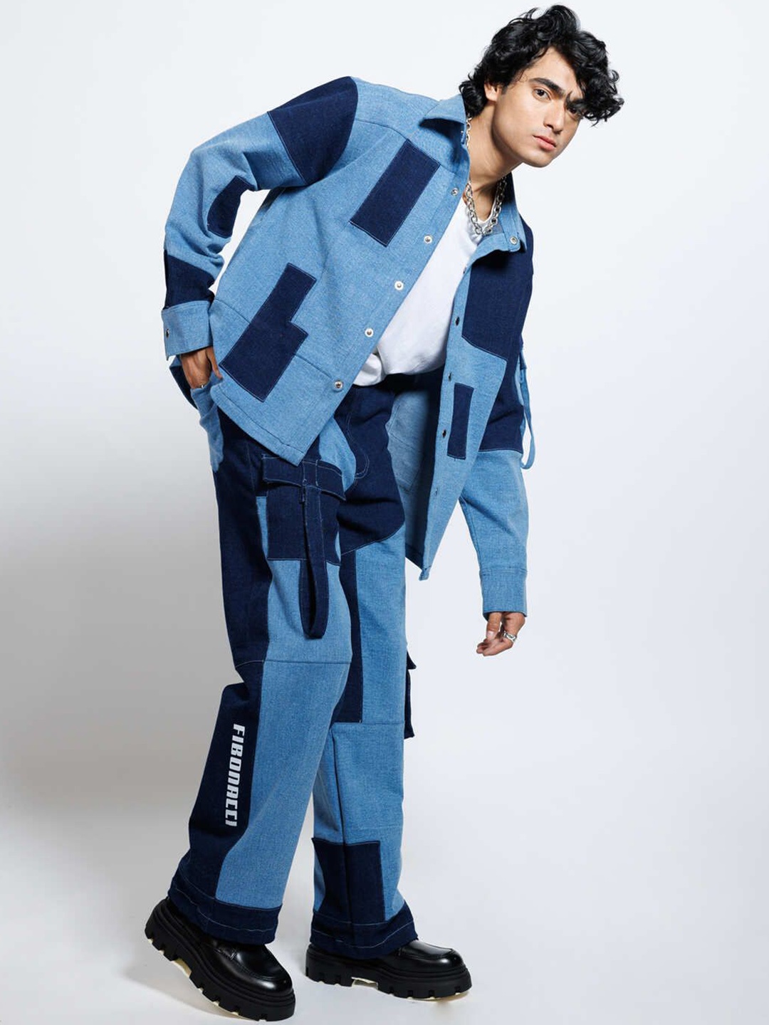 

FIBONACCI Men Denim Jacket with Patchwork, Blue