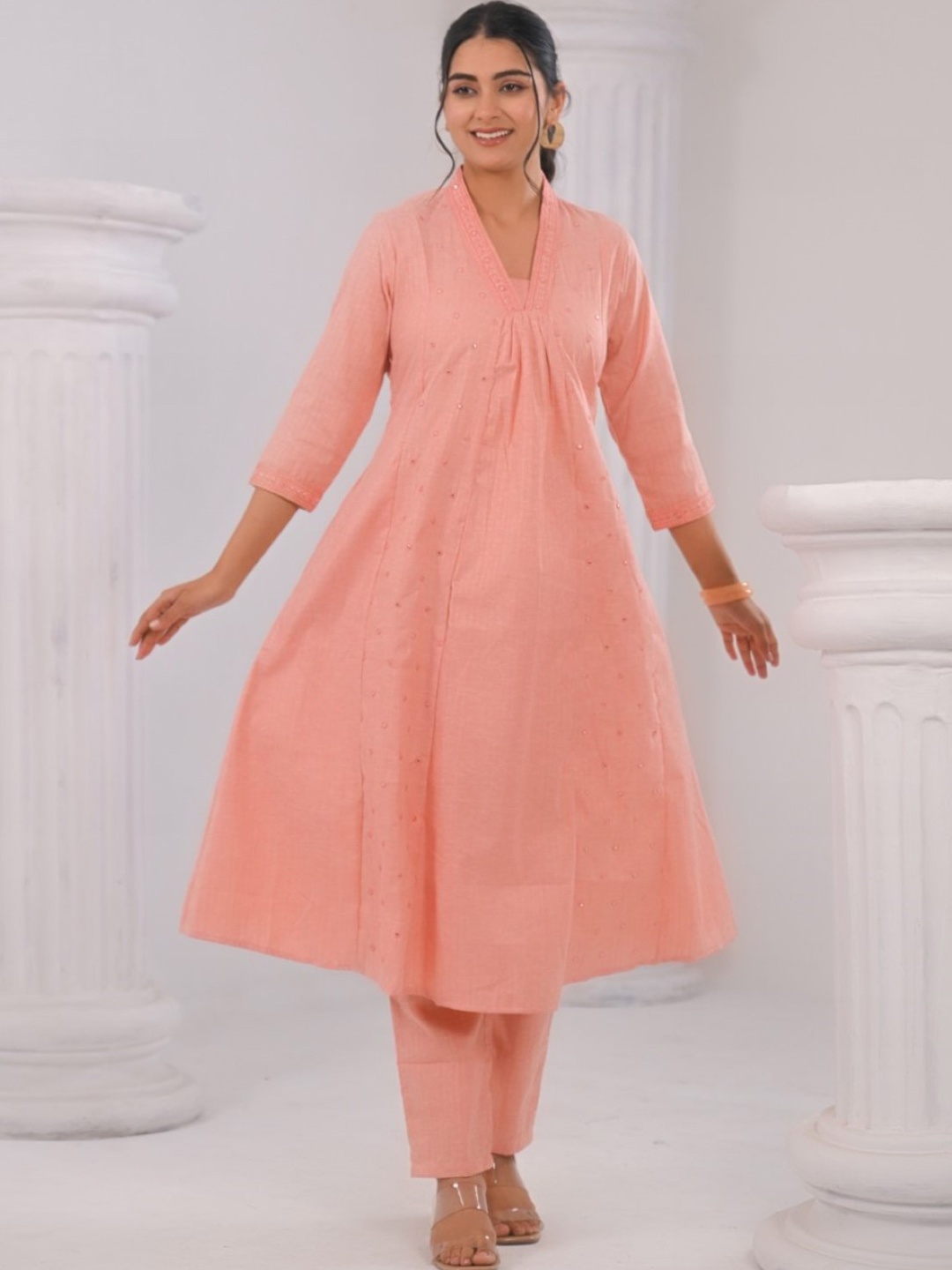 

AUTUMN LANE Floral Embroidered V-Neck Mirror Work Pure Cotton A-Line Kurta With Trousers, Peach