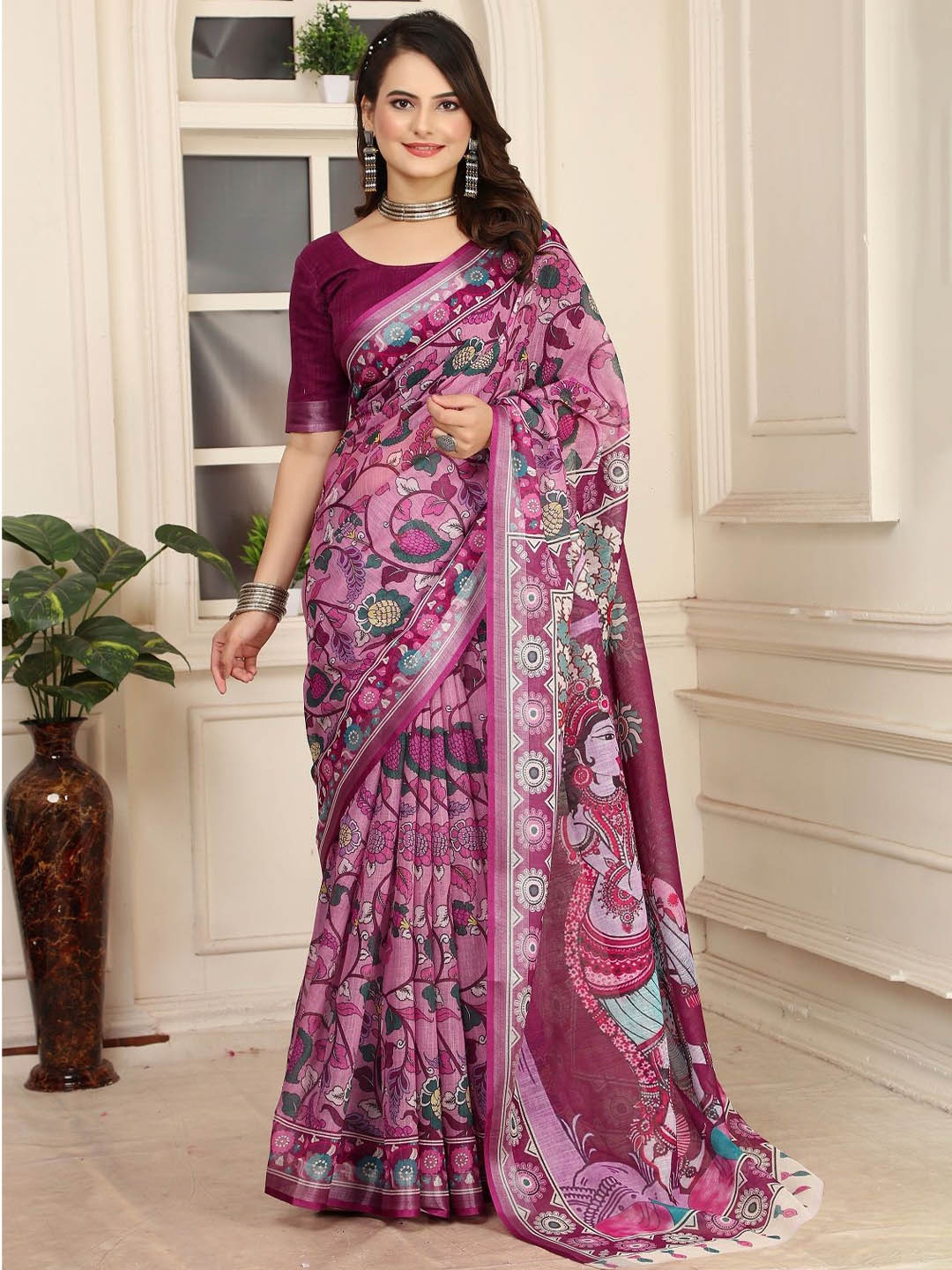 

Iris Ethnic Motifs Printed Pure Cotton Saree, Burgundy