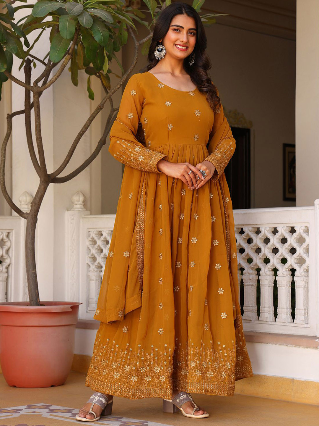 

Wedani Floral Embroidered Anarkali Kurta with Trousers & Dupatta, Yellow