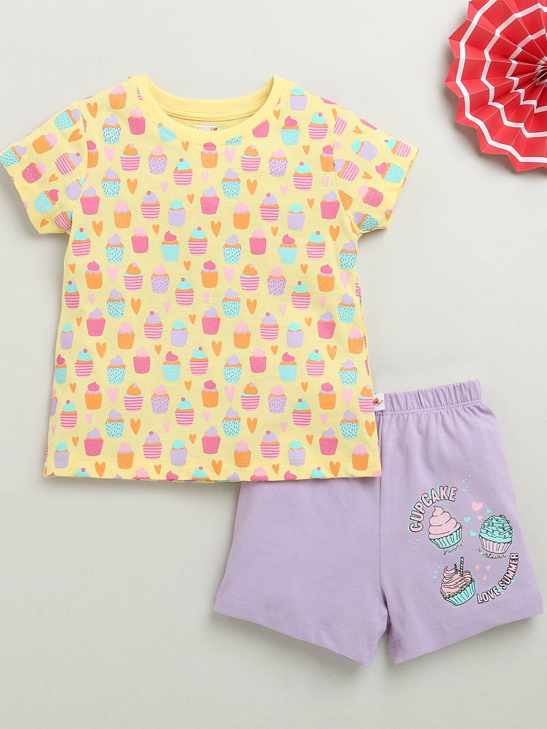 

BUMZEE Girls Printed Round Neck Pure Cotton T-Shirt With Shorts, Yellow