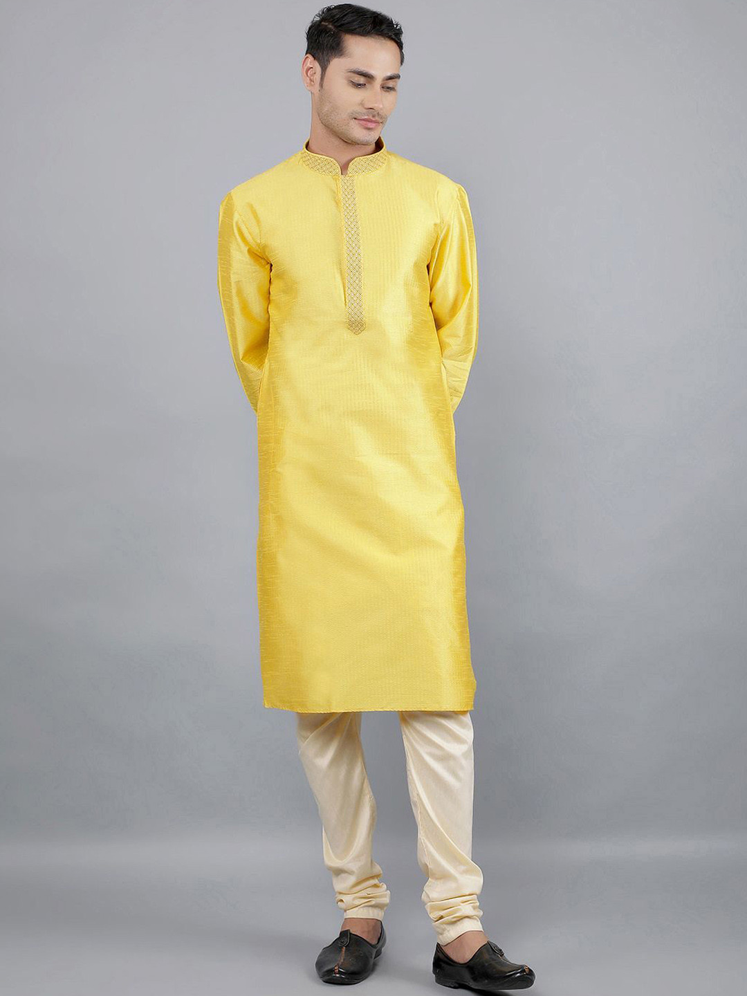 

Manish Creations Geometric Woven Design Mandarin Collar Kurta With Churidar, Yellow
