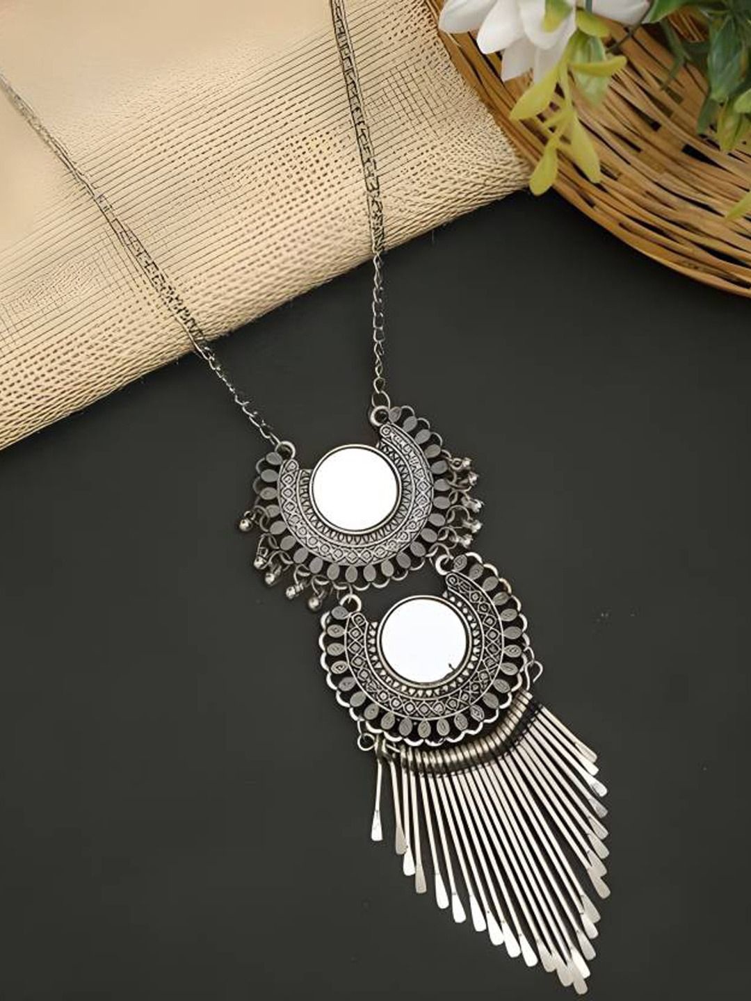 

FIMBUL Silver-Plated Mirror Work Tasseled Oxidised Long Necklace
