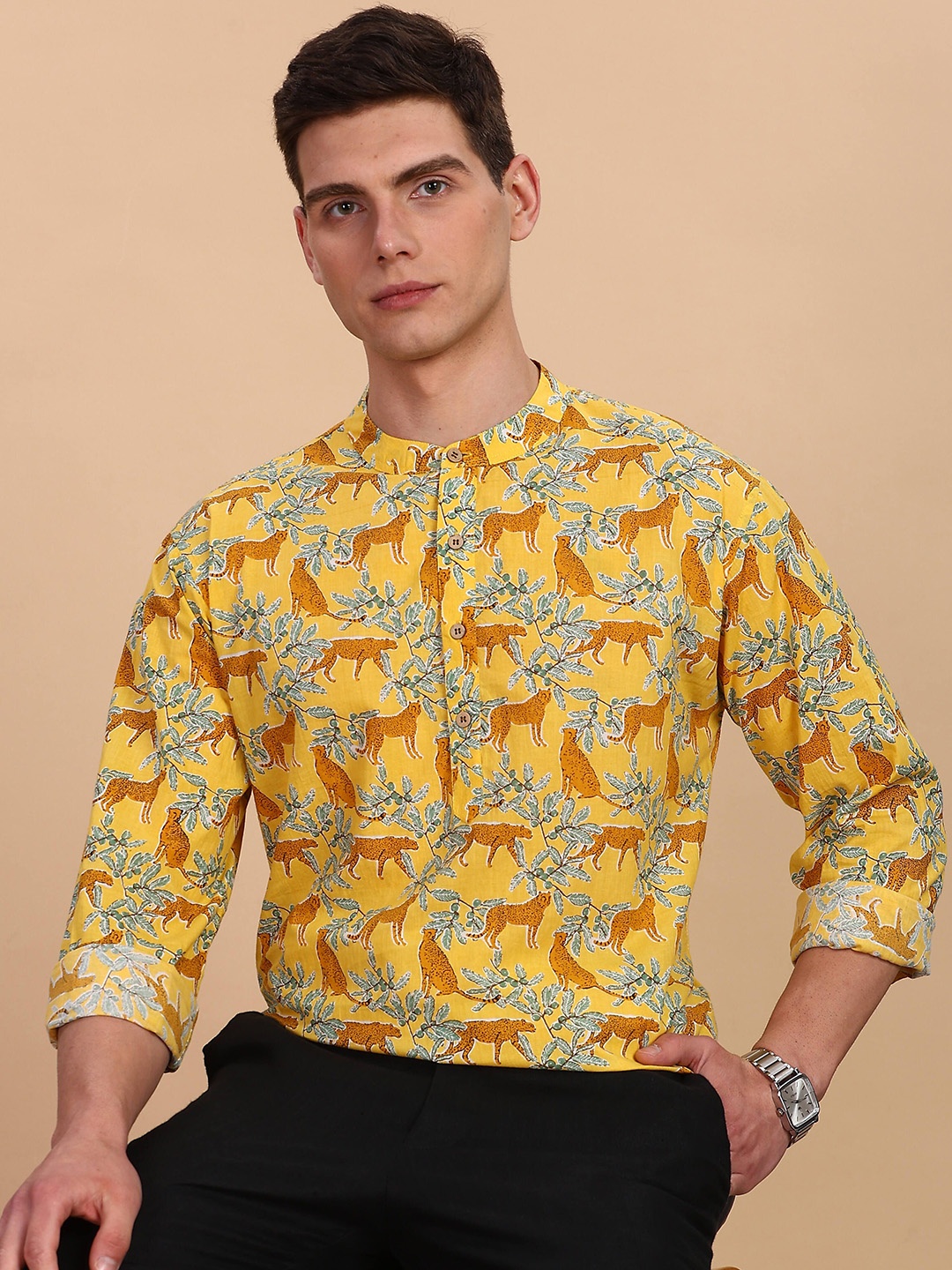 

Anouk Animal Printed Band Collar Straight Cotton Short Kurta, Yellow