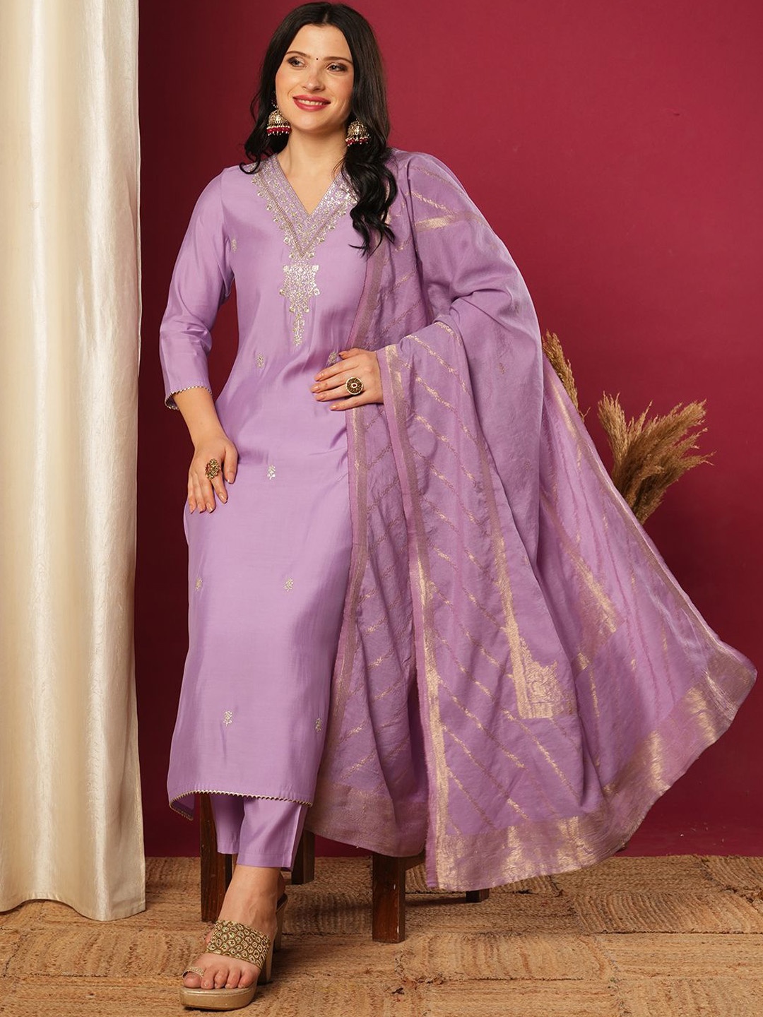 

GoSriKi Embroidered V-Neck Straight Kurta With Trousers And Dupatta, Purple