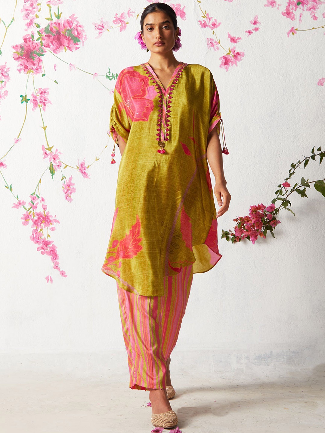 

Basil leaf Floral Printed V-Neck A-Line Kurta with Sharara, Olive