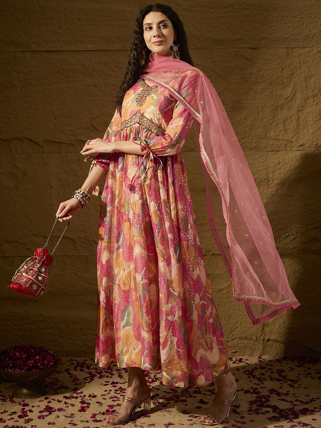 

Miss Ethnik Printed & Sequinned Ethnic Gown With Net Dupatta, Pink