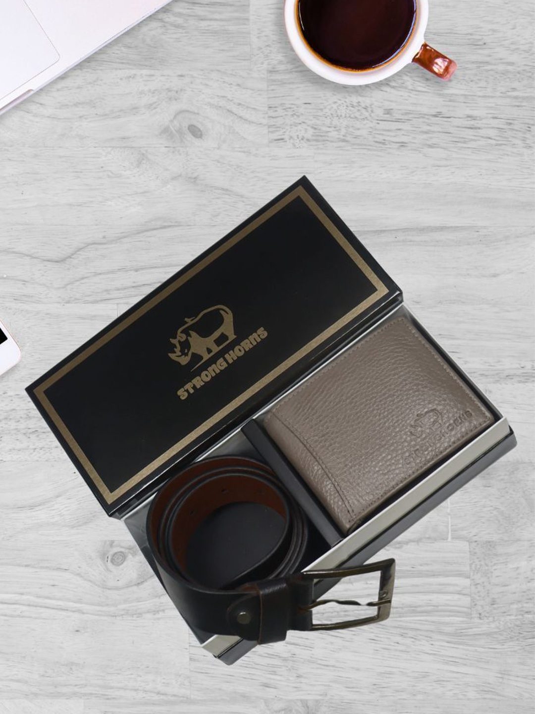 

STRONG HORNS Men Accessory Gift Set Belt & Wallet, Grey