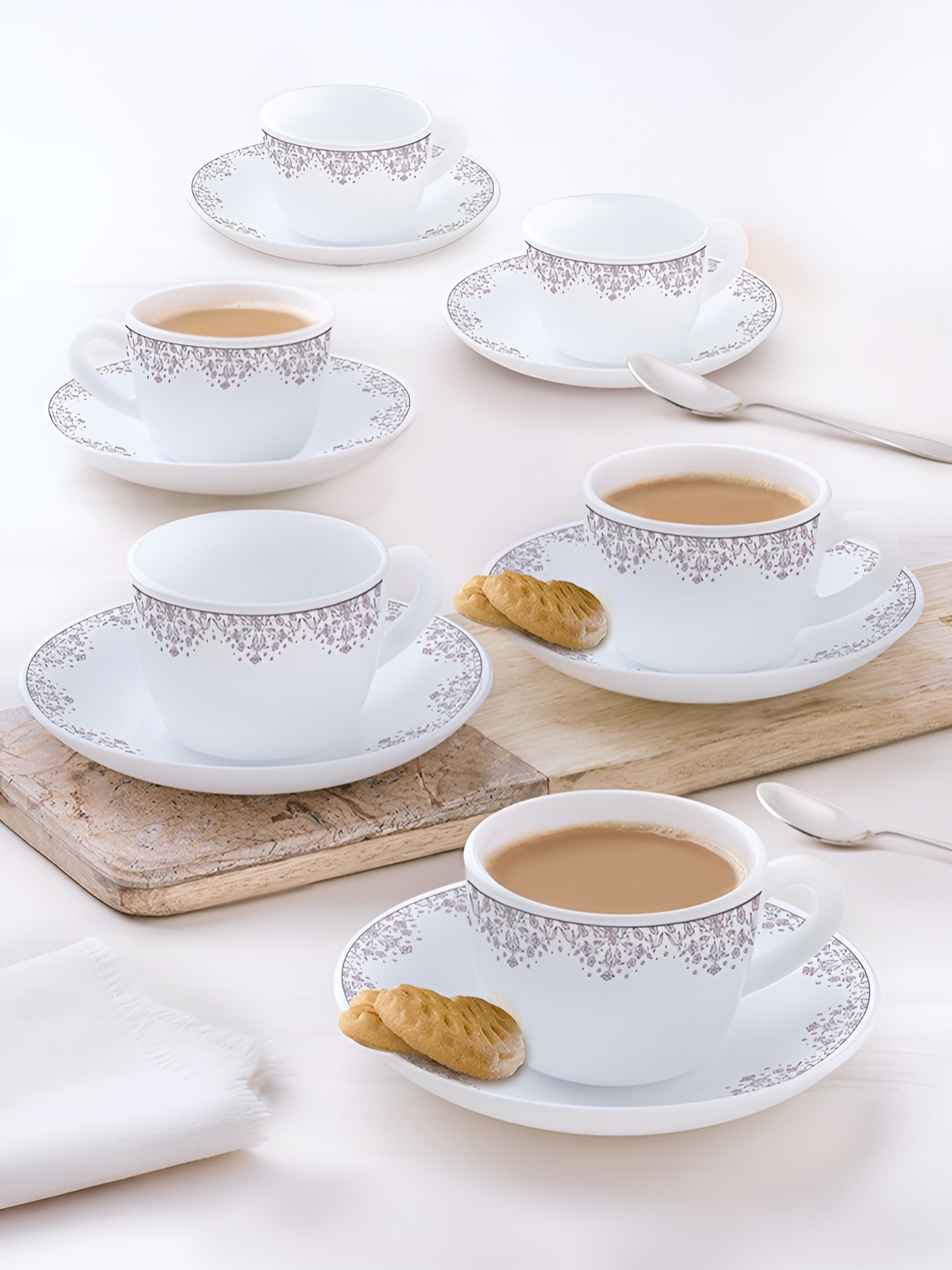 

Larah by BOROSIL 12 Pieces White Printed Opalware Glossy Tea Set - 90 ml Each