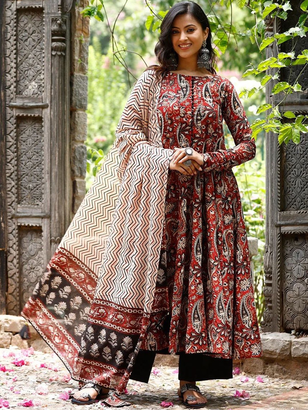 

KALINI Floral Printed Round Neck Anarkali Kurta With Trousers & Dupatta, Maroon