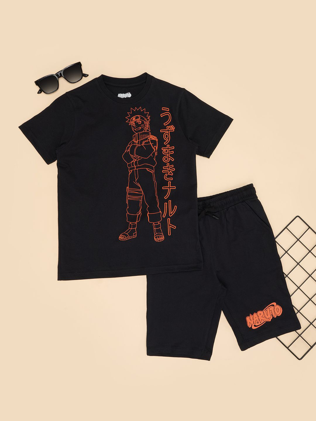 

Pantaloons Junior Boys Naruto Printed Short Sleeves Pure Cotton T-shirt With Shorts, Black
