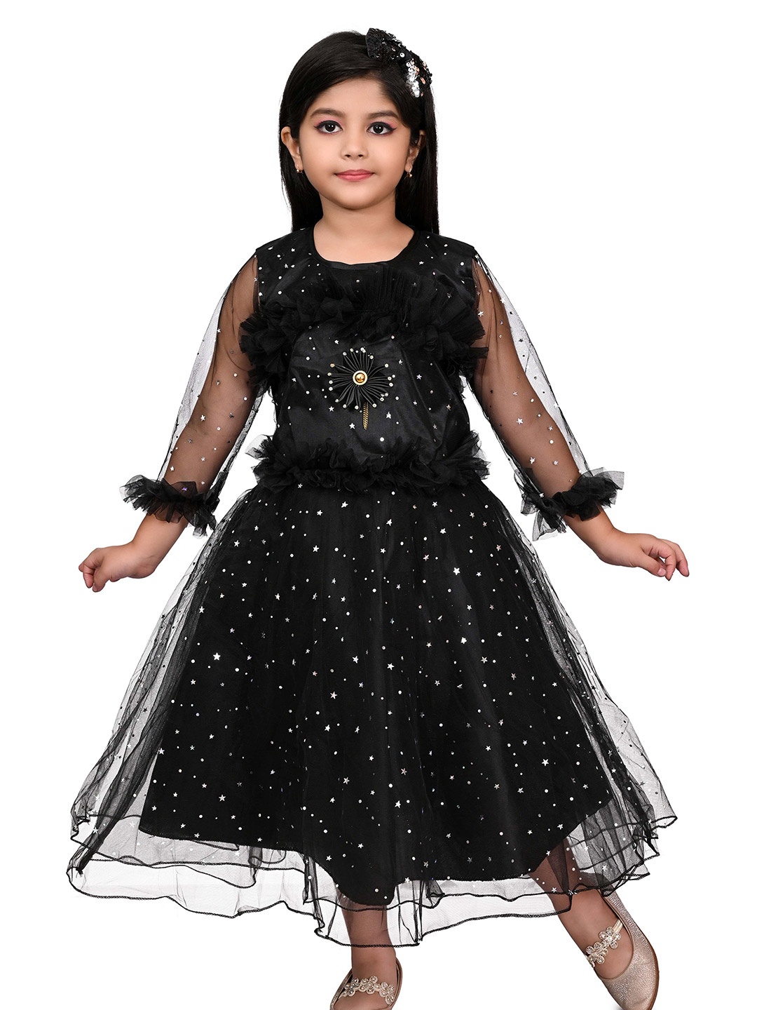 

Zenat Flared Sleeve Layered Net Fit & Flare Dress, Black