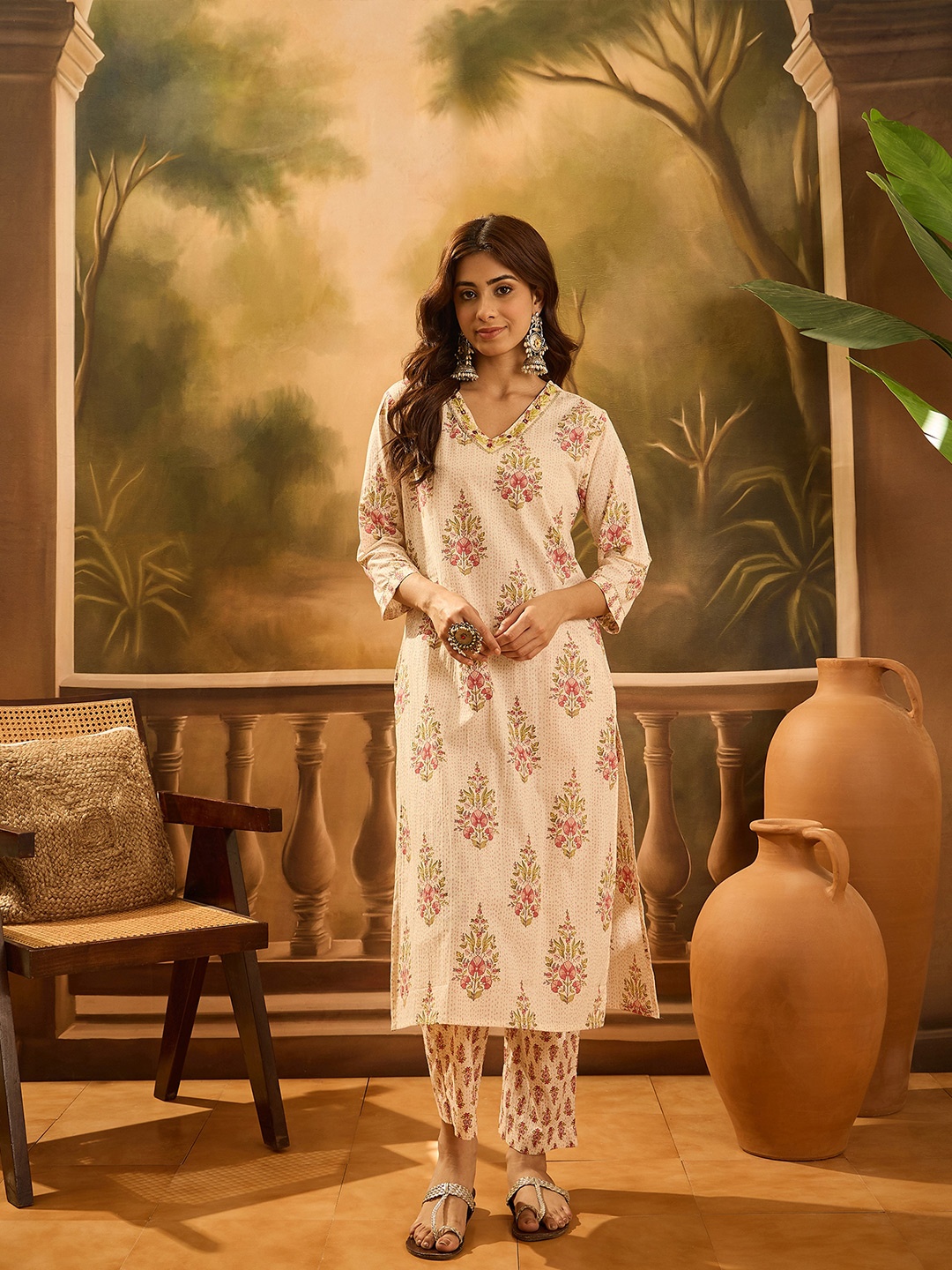 

Sangria Floral Printed V-Neck Sequinned Cotton Straight Kurta With Trouser & Dupatta, Cream