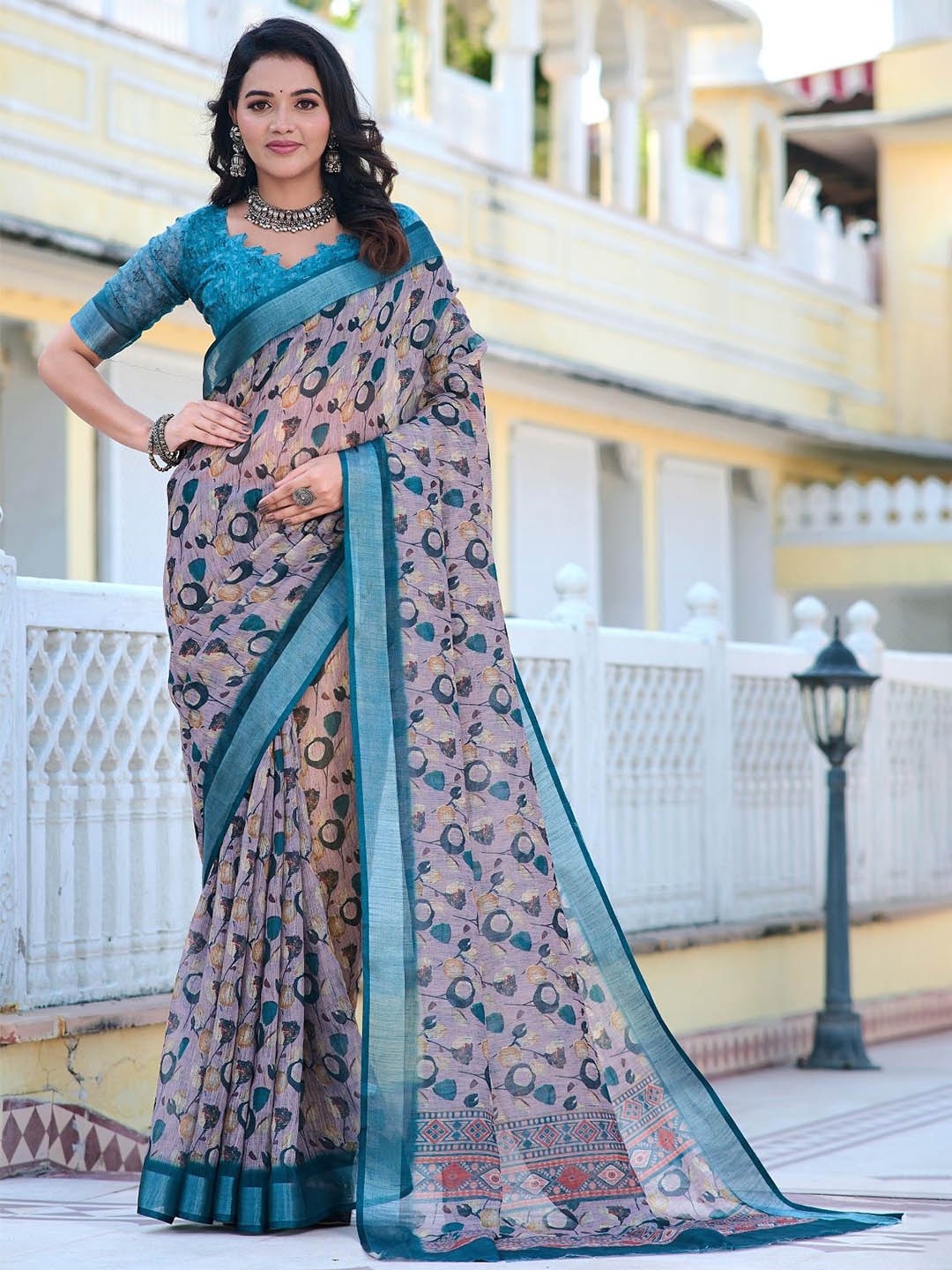 

Iris Printed Zari Border Pure Cotton Saree, Grey