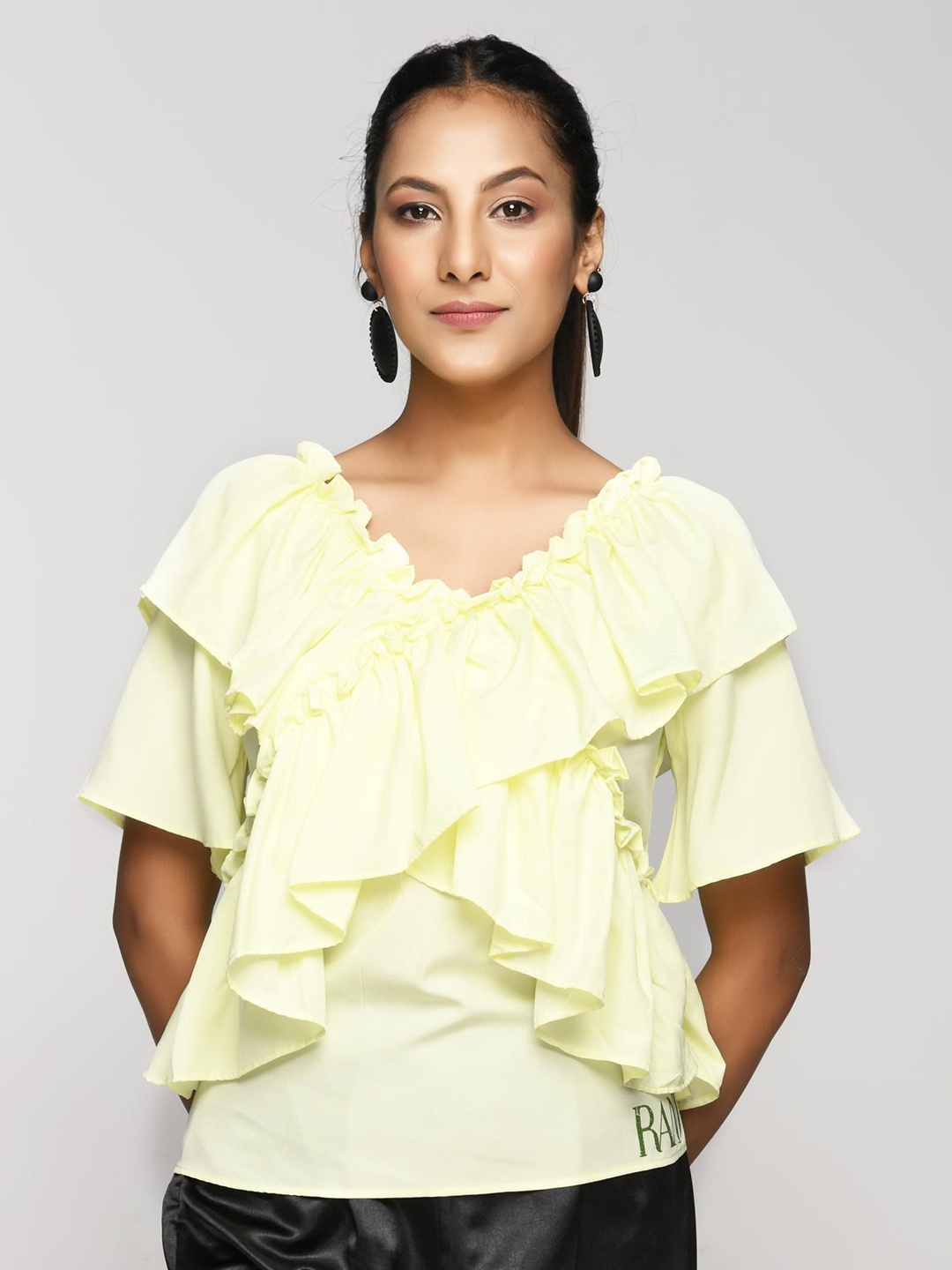 

RANJ Flutter Sleeve Crepe Crop Top, Yellow