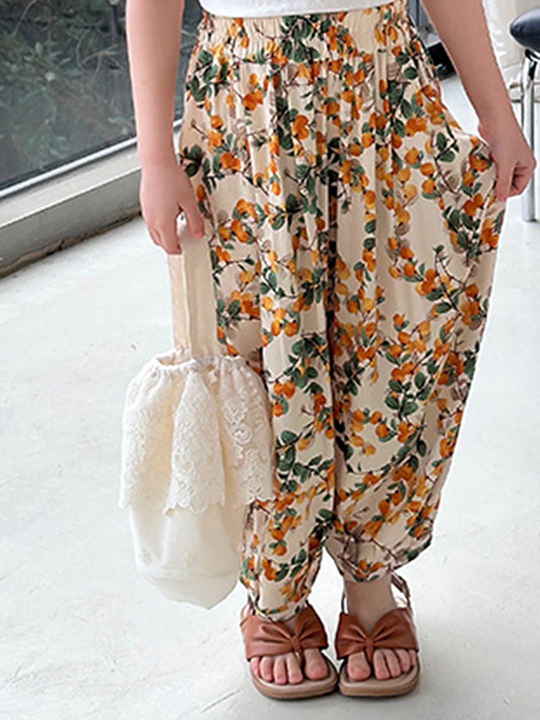 

LULU & SKY Girls Floral Printed Loose Fit High-Rise Trousers, Yellow