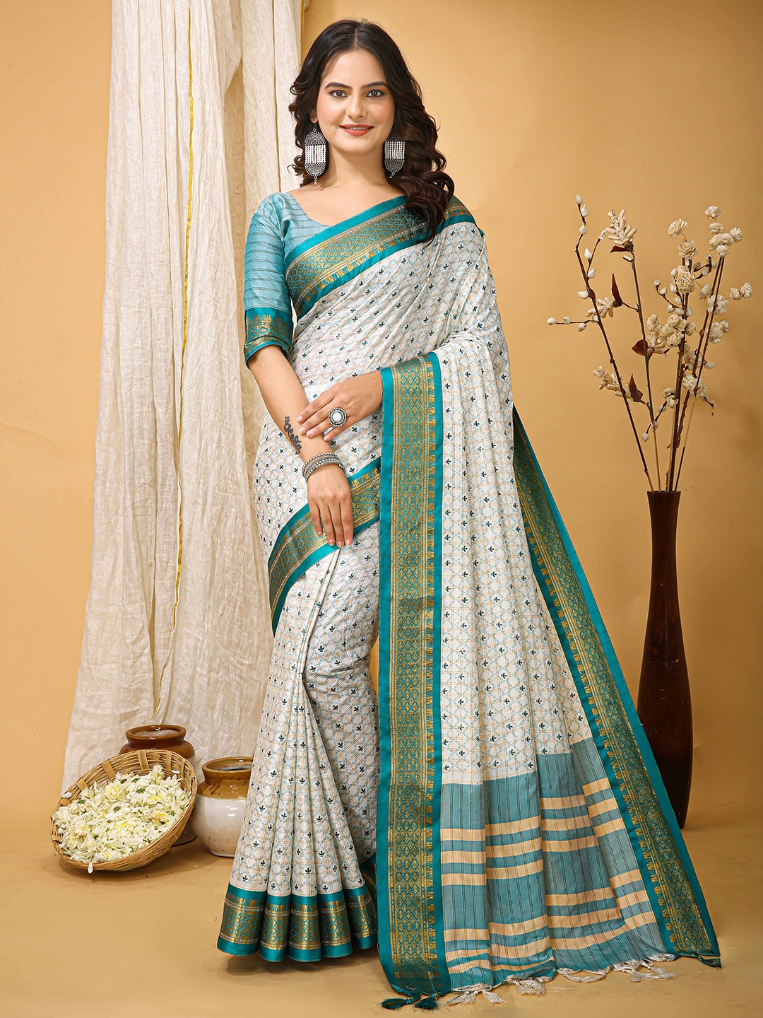 

VEECHIS Ethnic Motifs Zari Silk Cotton Saree, Blue