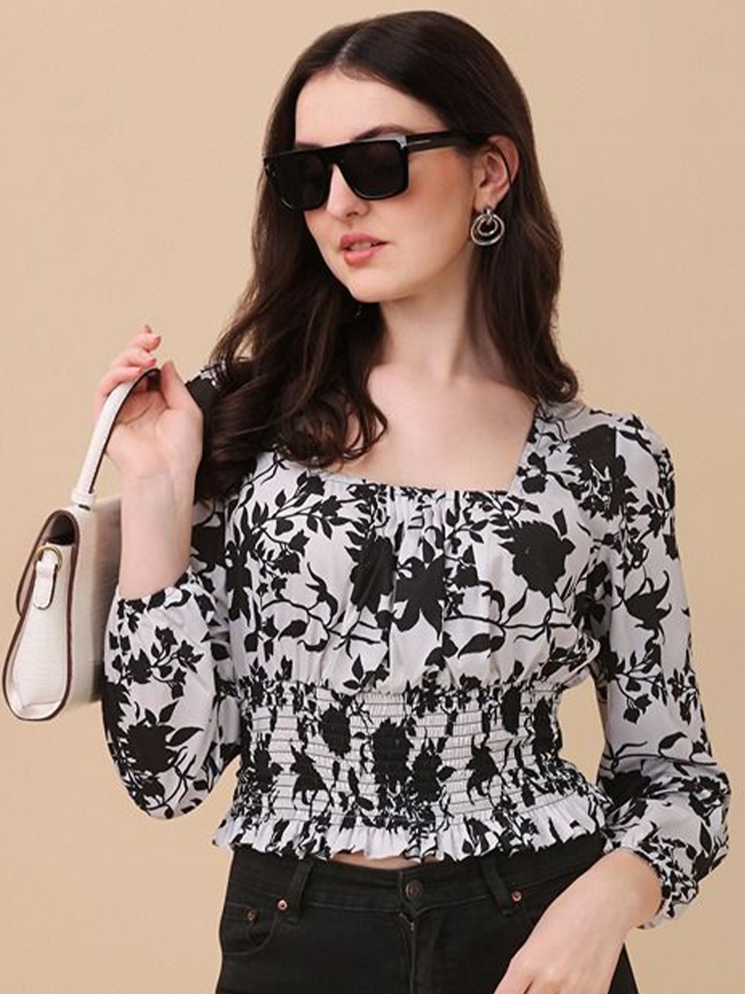 

De La Moda Floral Print Puff Sleeve Crepe Top, Black