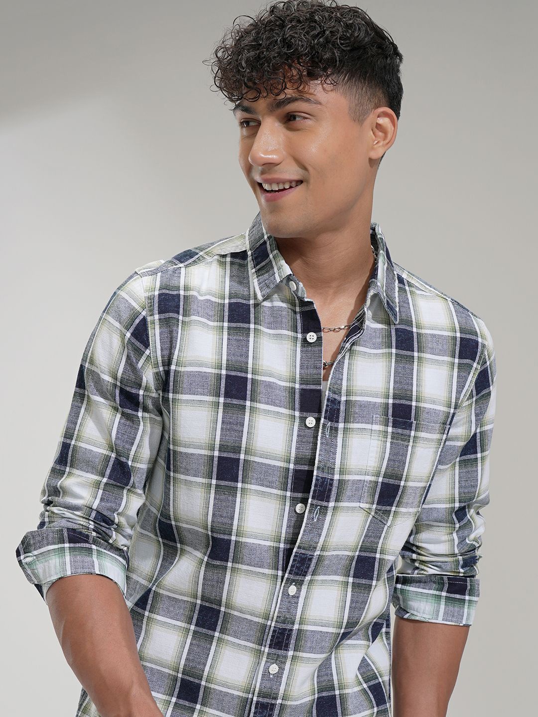 

HIGHLANDER Men Comfort Slim Fit Opaque Checked Casual Shirt, Green
