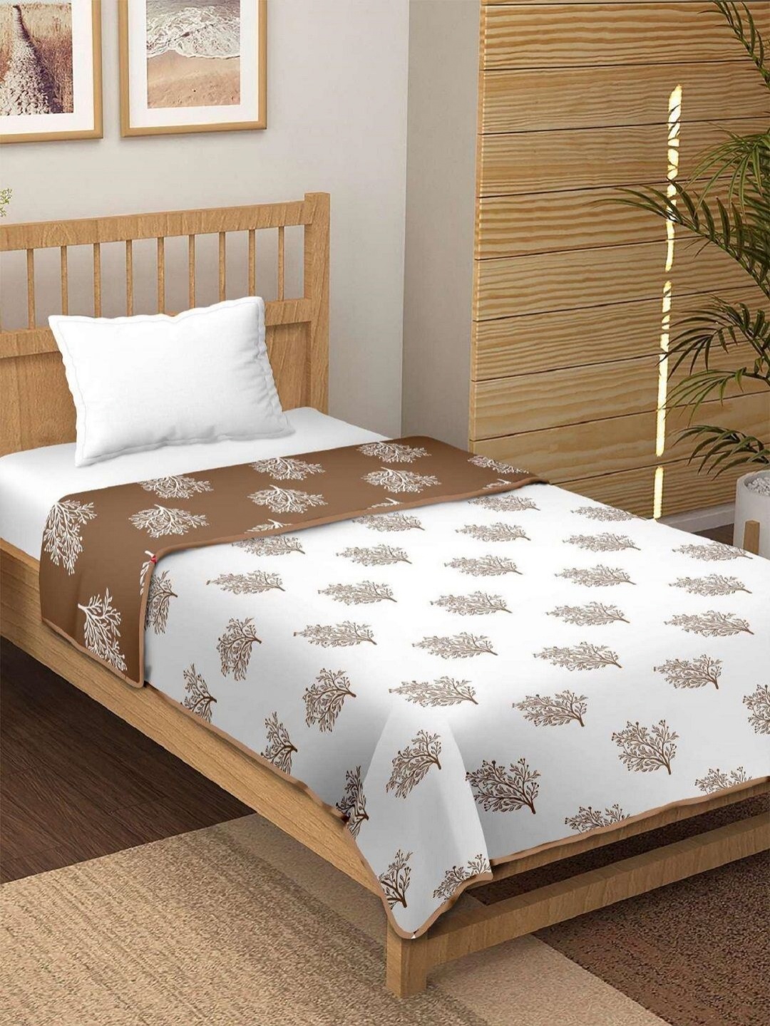 

CHICERY Brown & White Floral Printed AC Room 210 GSM Cotton Single Bed Dohar
