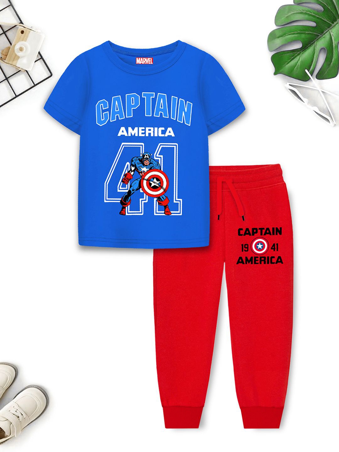 

Marvel by Miss and Chief Boys Captain America Printed Round Neck T-Shirt With Jogger, Blue