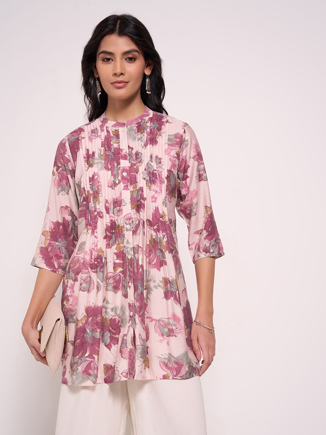 

RANGMANCH BY PANTALOONS Mandarin Collar Printed Tunic, Purple