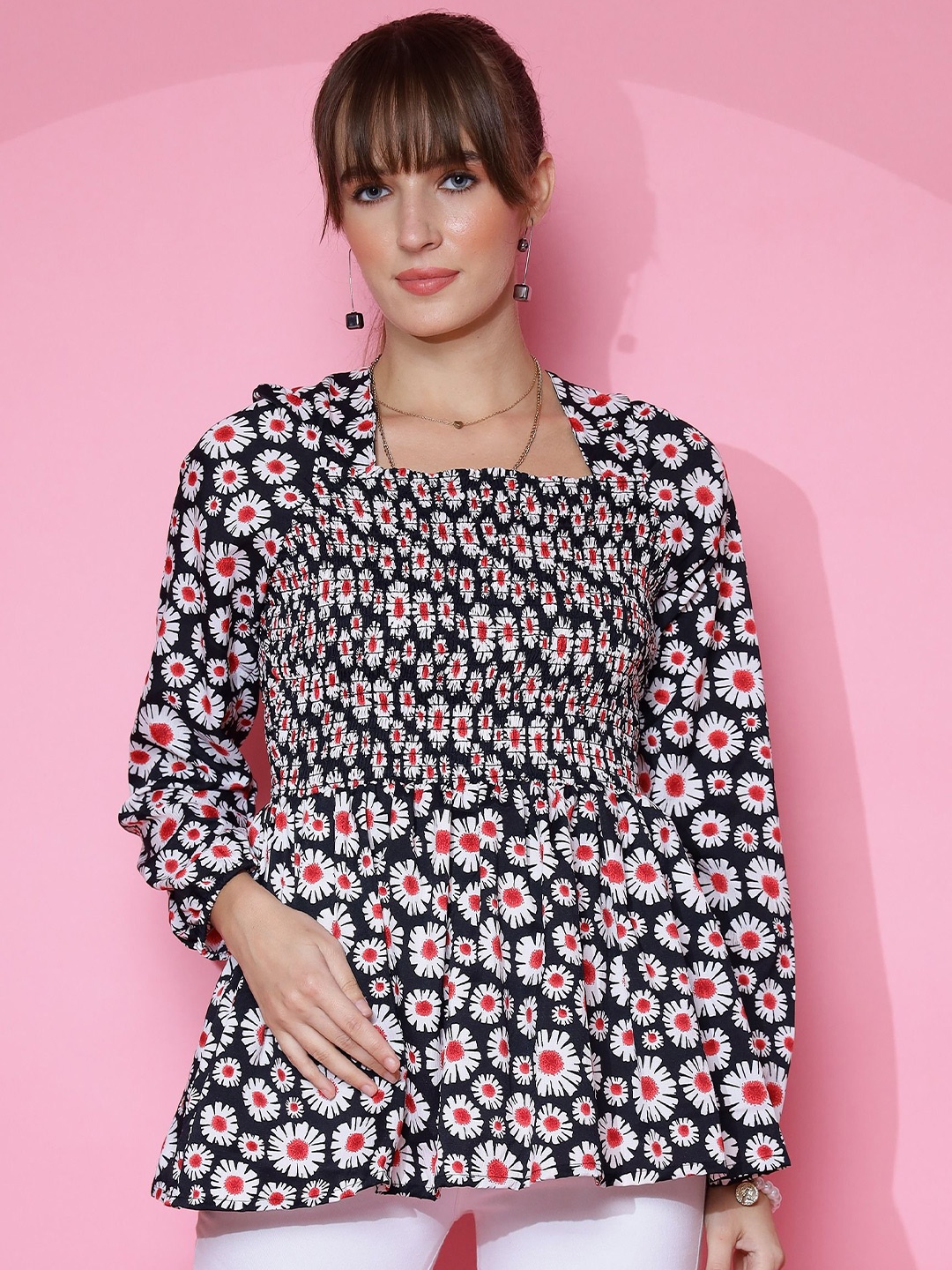

De La Moda Floral Print Crepe Top, Black