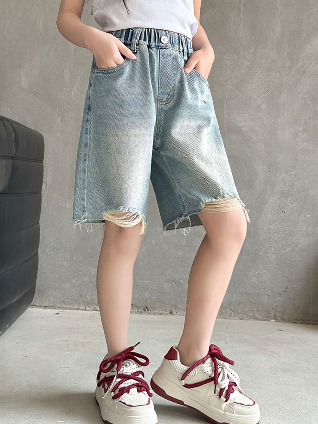 

LULU & SKY Girls Washed Loose Fit High-Rise Denim Shorts, Blue