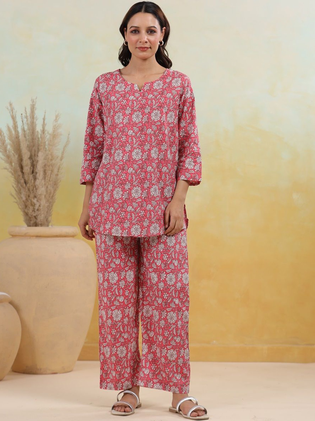 

KALINI Floral Printed Notch Neck Pure Cotton Top & Trousers, Pink
