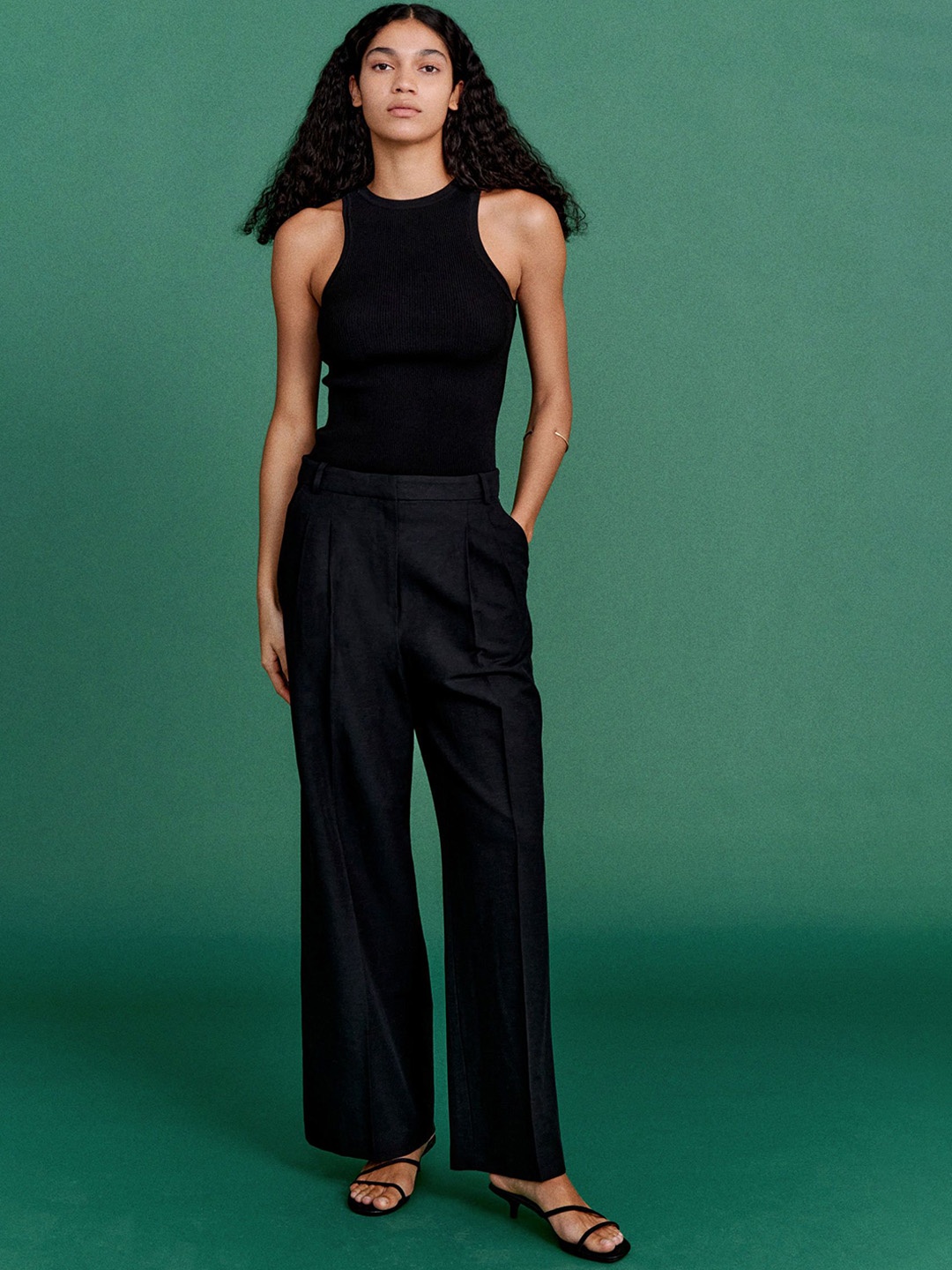 

H&M Wide Linen-Blend Trousers, Black