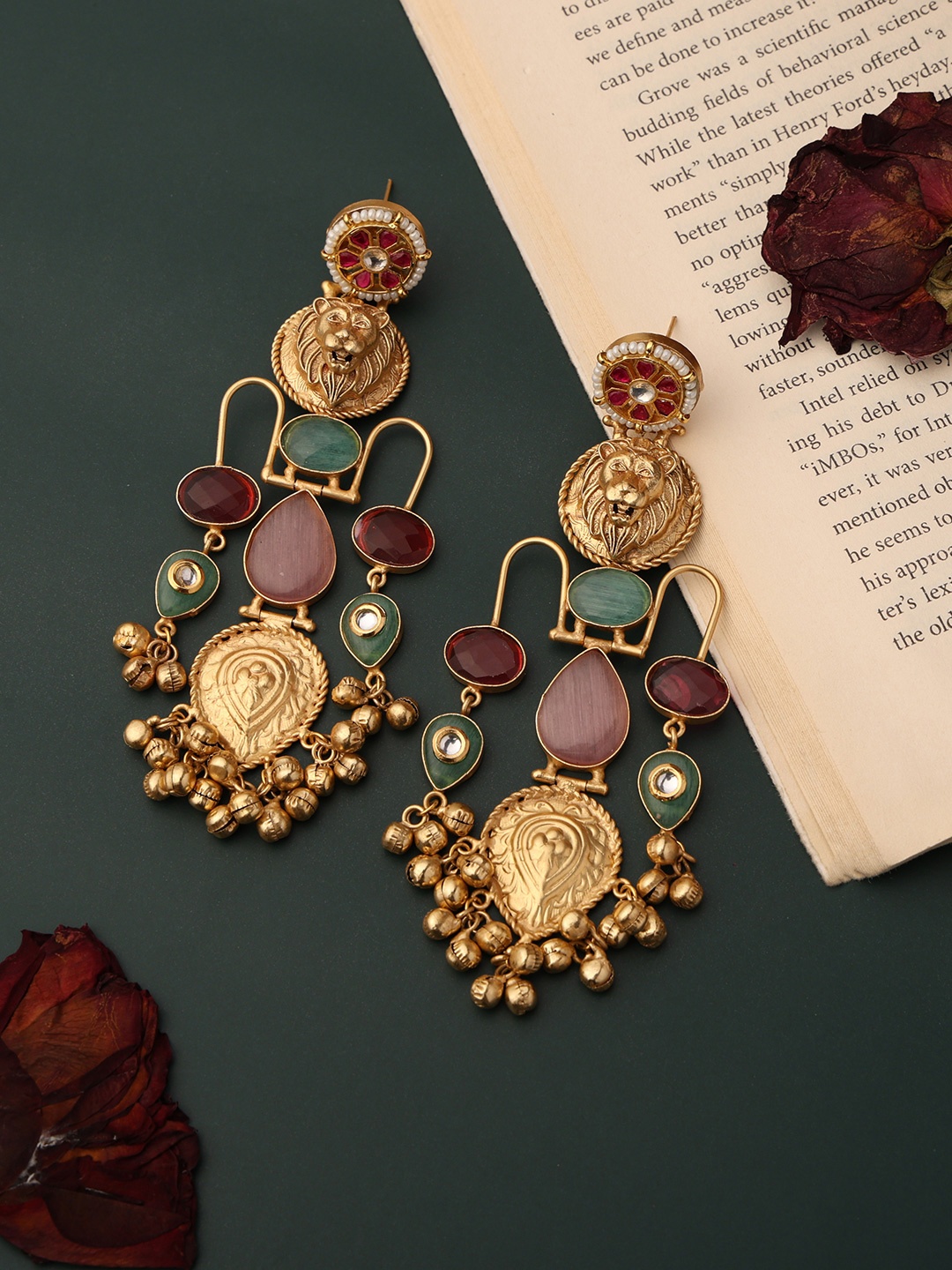 

PATOLA BY VJ Gold Plated Stones Studded & Beaded Contemporary Shaped Drop Earrings