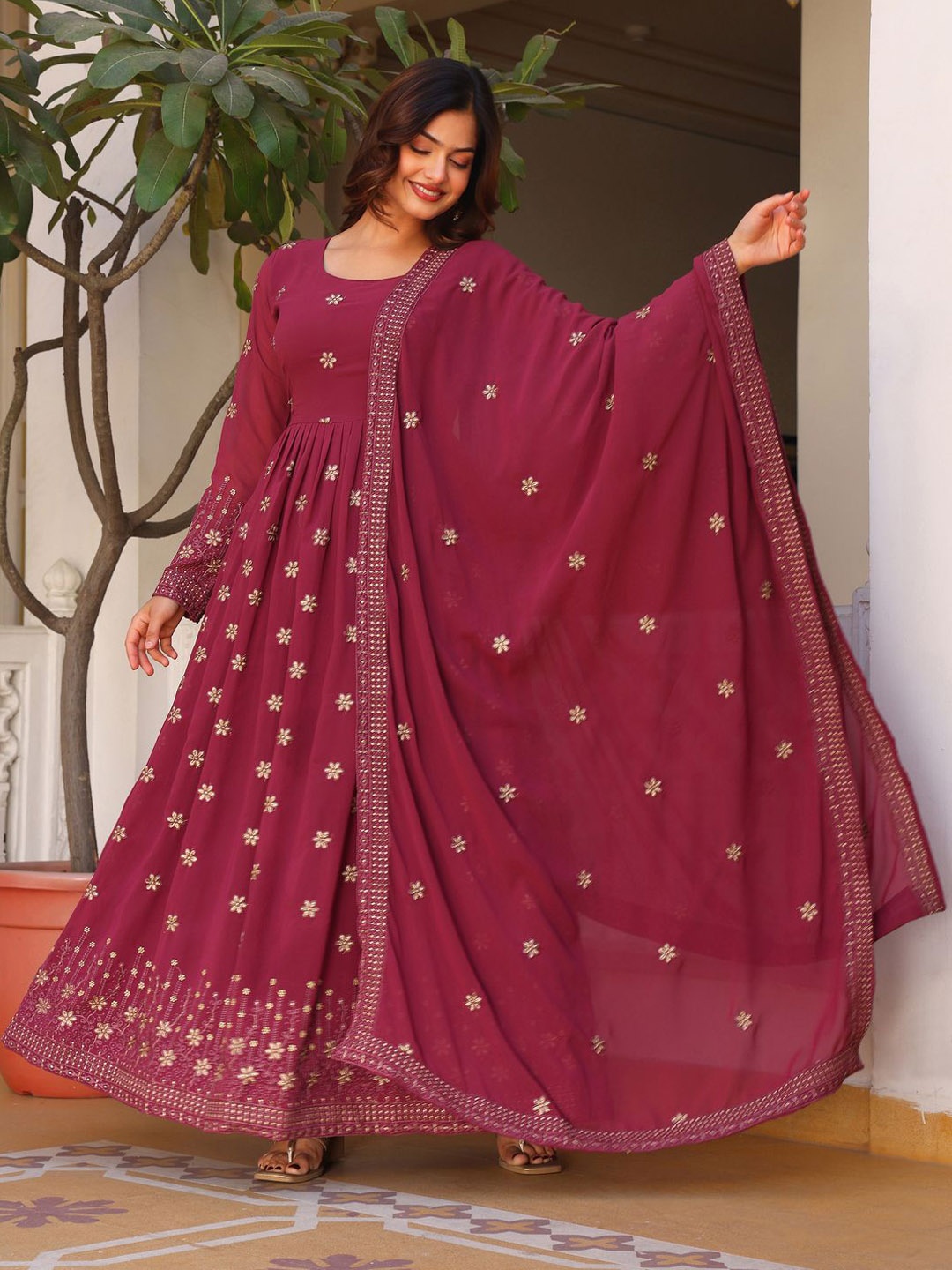 

KALINI Floral Embroidered Round Neck Zari Anarkali Kurta With Trousers & Dupatta, Rose