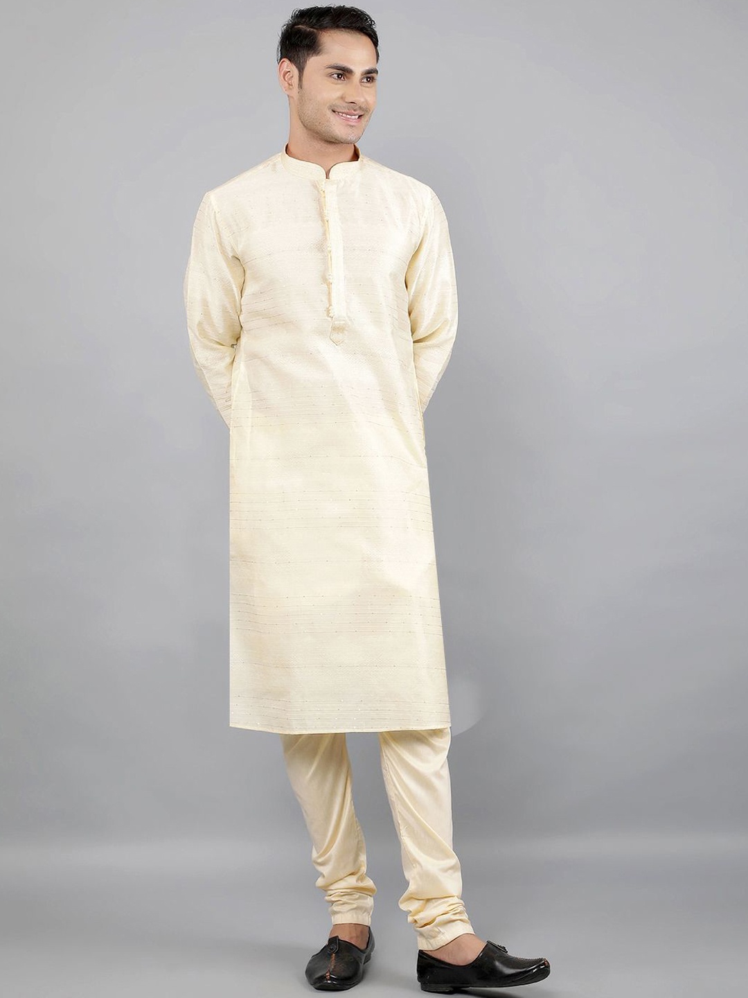 

Manish Creations Sequinned Mandarin Collar Straight Kurta With Churidar, Cream
