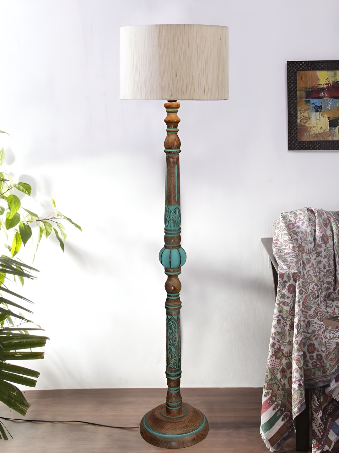 

Devansh Brown & Blue Drum Shade Floor Lamp With Wooden Base, Off white