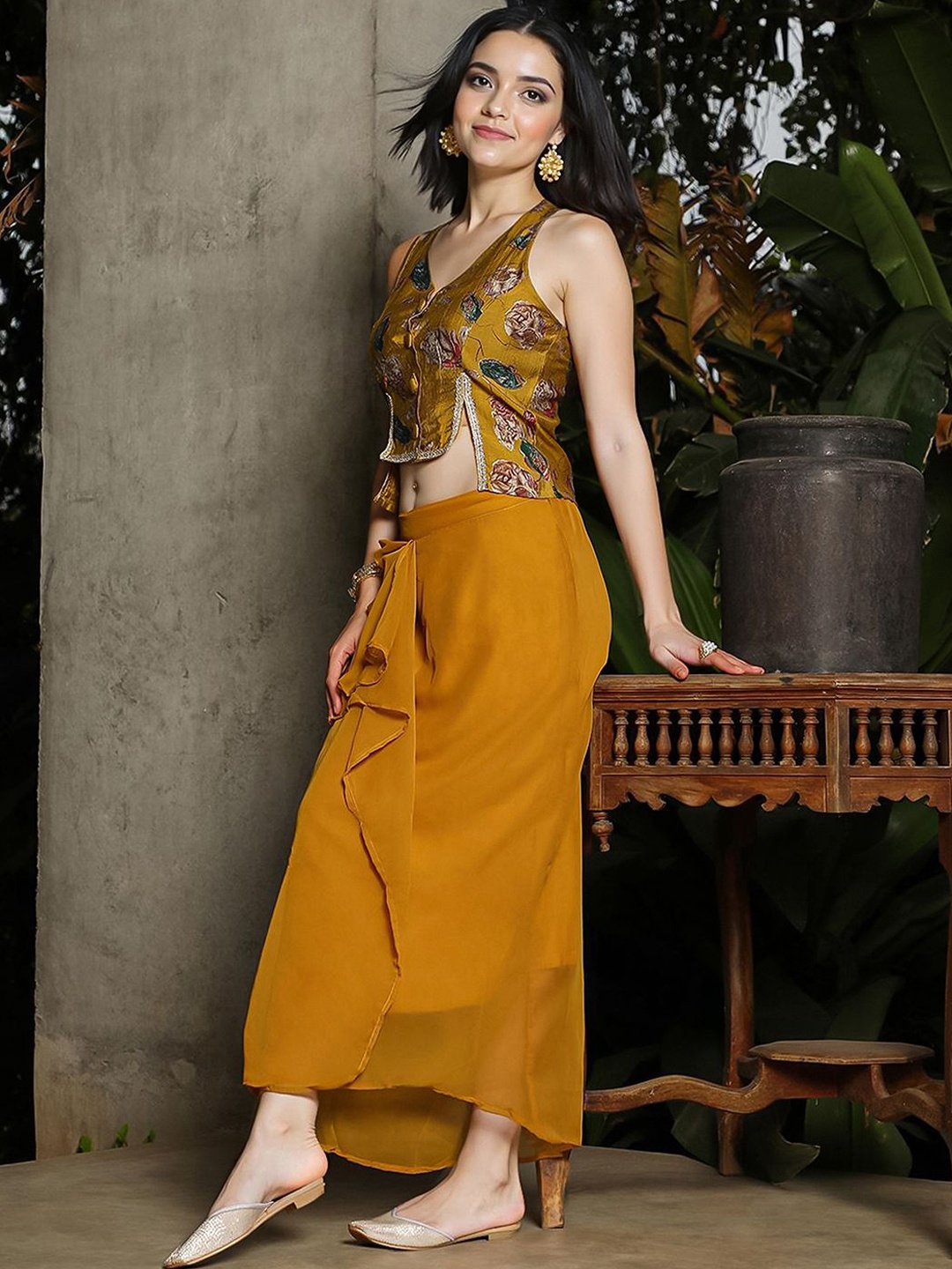

QISSA Printed Top With Skirt Co-Ords, Yellow