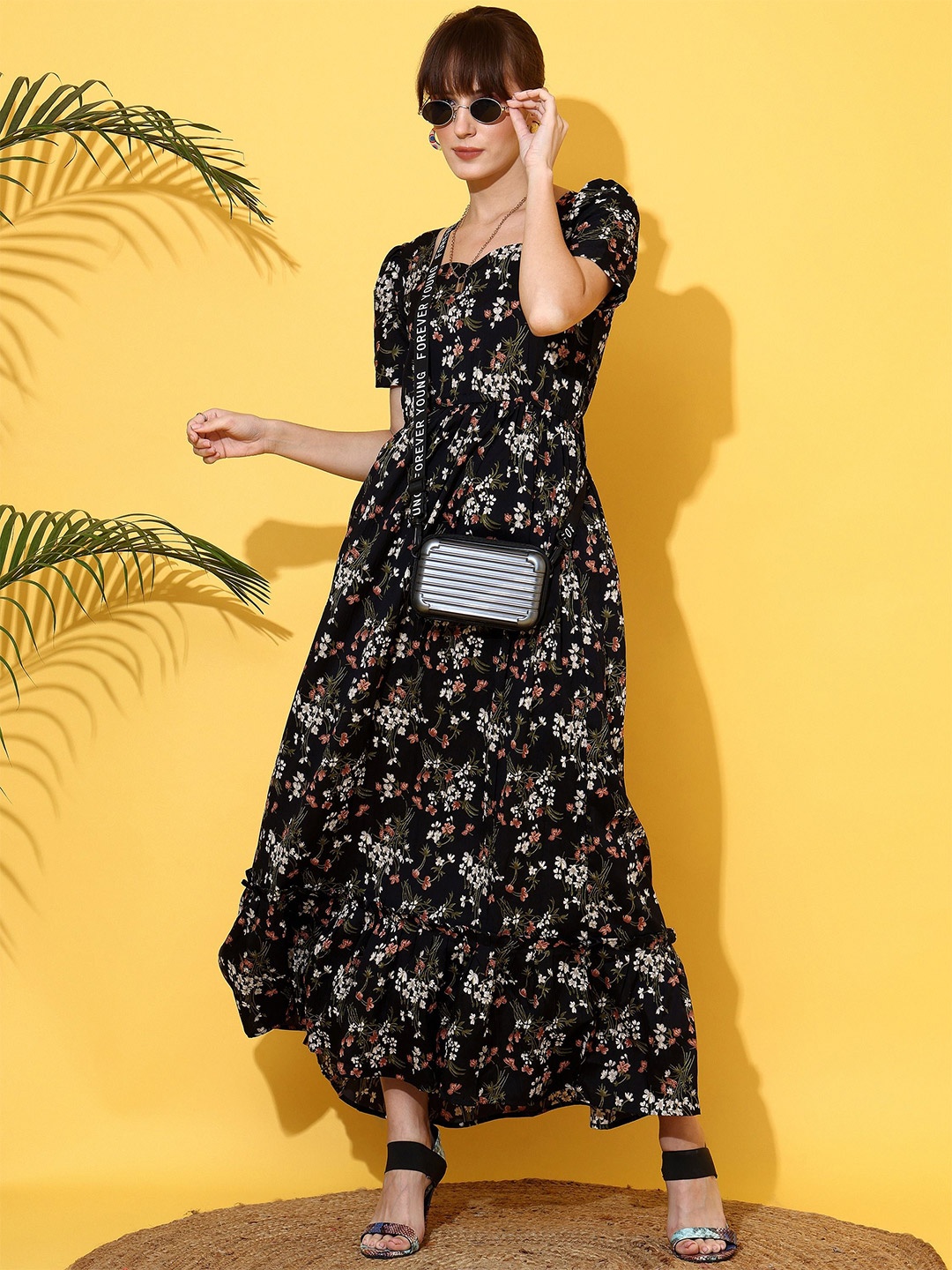 

De La Moda Floral Print Crepe Fit & Flare Maxi Dress, Black