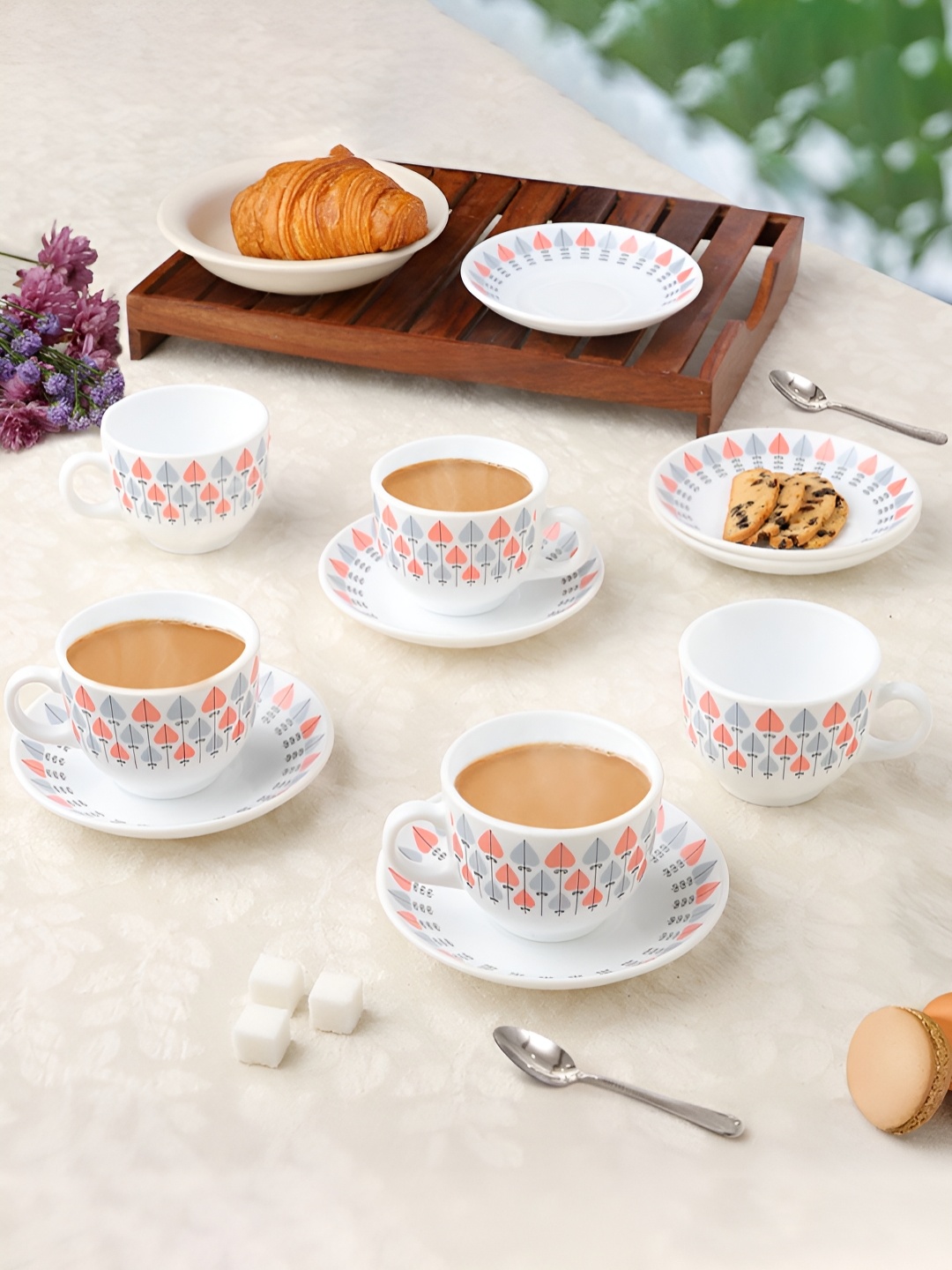 

Larah by BOROSIL Regency 12 Pieces White & Grey Printed Opalware Tea Set - 120 ml Each