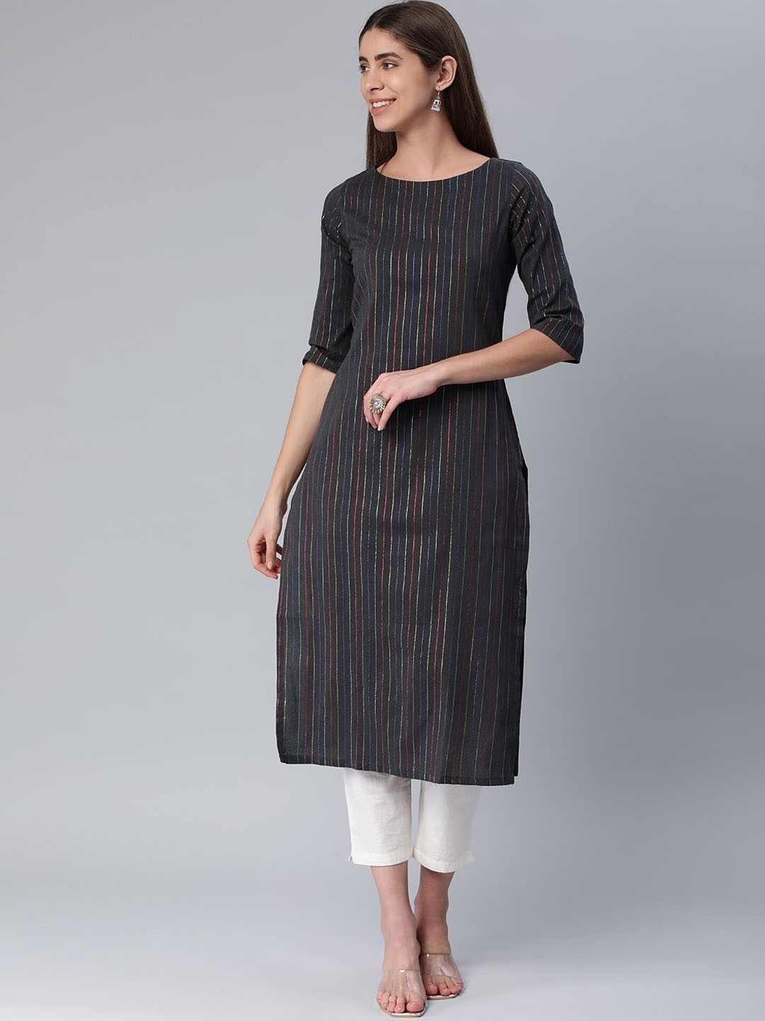 

DIVASTRI Striped Boat Neck Cotton Straight Kurta, Black