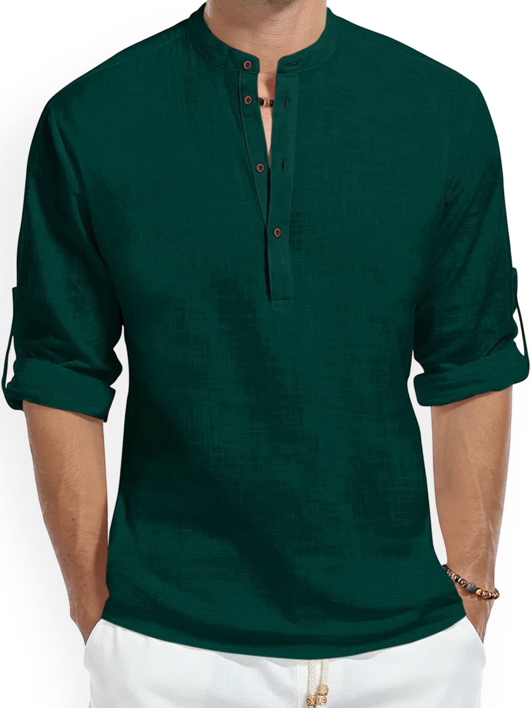 

Fifth U Band Collar Roll-Up Sleeves Straight Short Kurta, Green