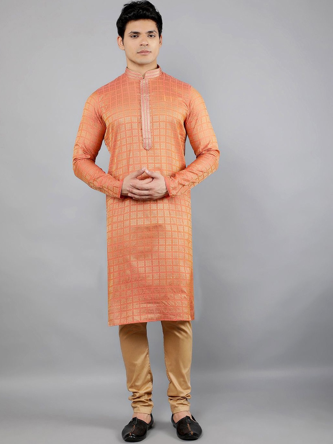 

Manish Creations Geometric Woven Design Band Collar Kurta with Churidar, Peach