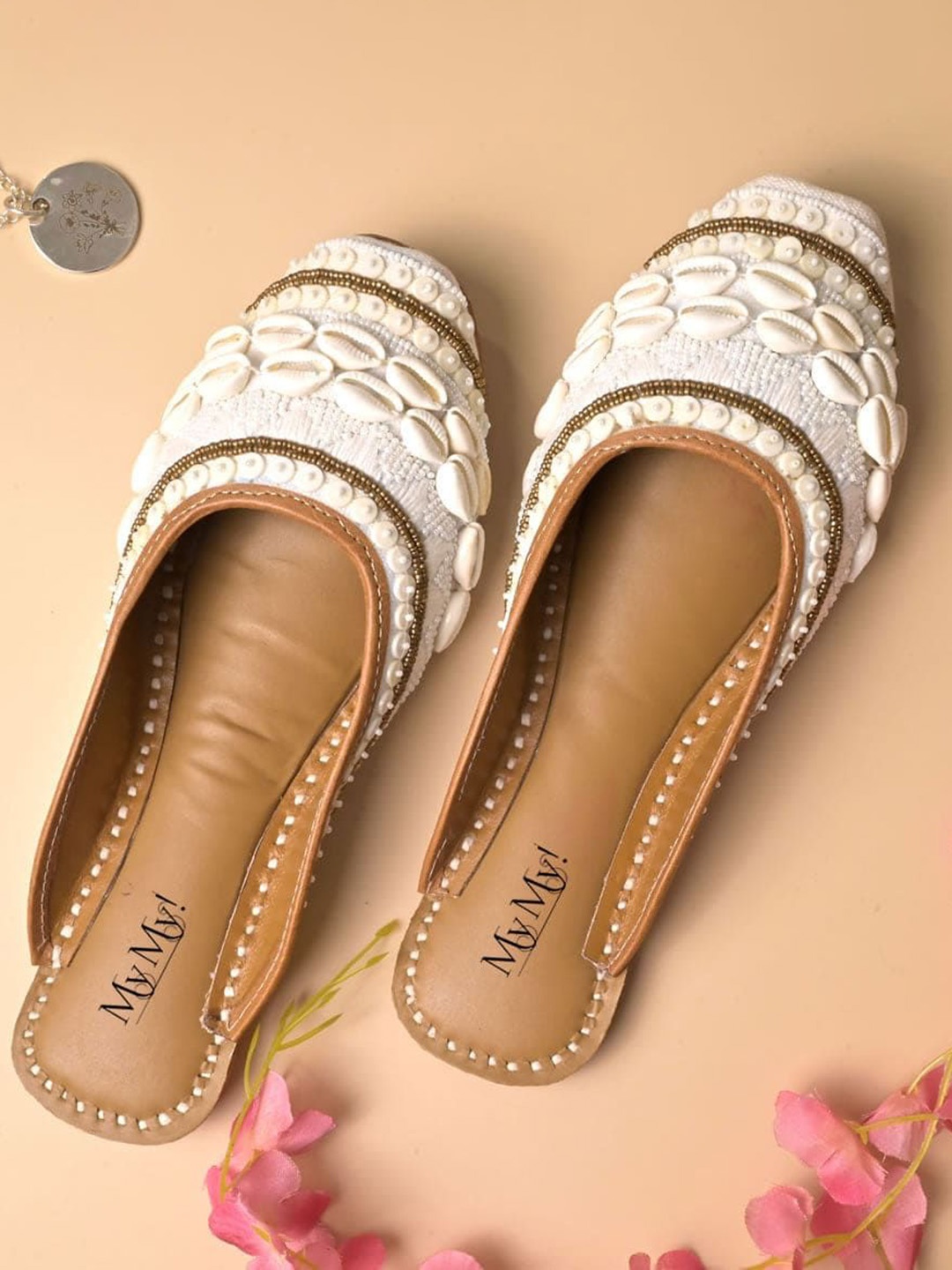 

MyMy footwear Women Embellished T-Strap Flats, Cream