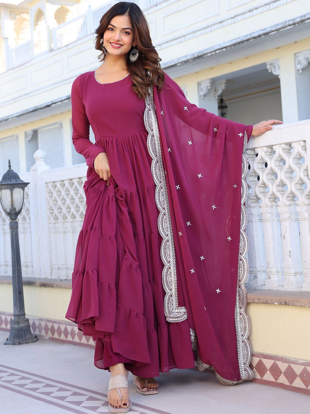

Ethnic Yard Georgette Layered Anarkali Kurta With Pyjamas And Dupatta, Purple