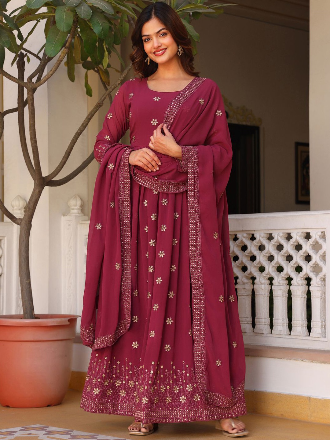 

KALINI Floral Embroidered Georgette Anarkali Kurta With Trousers & Dupatta, Maroon