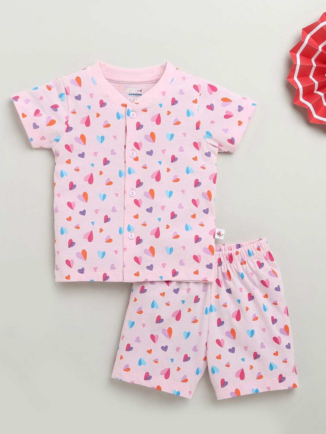

BUMZEE Boys Printed V-Neck Pure Cotton Jabla With Shorts, Pink