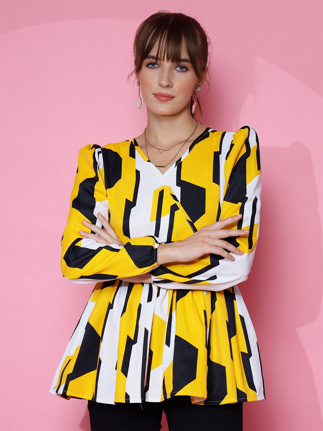 

De La Moda Print Crepe Top, Yellow