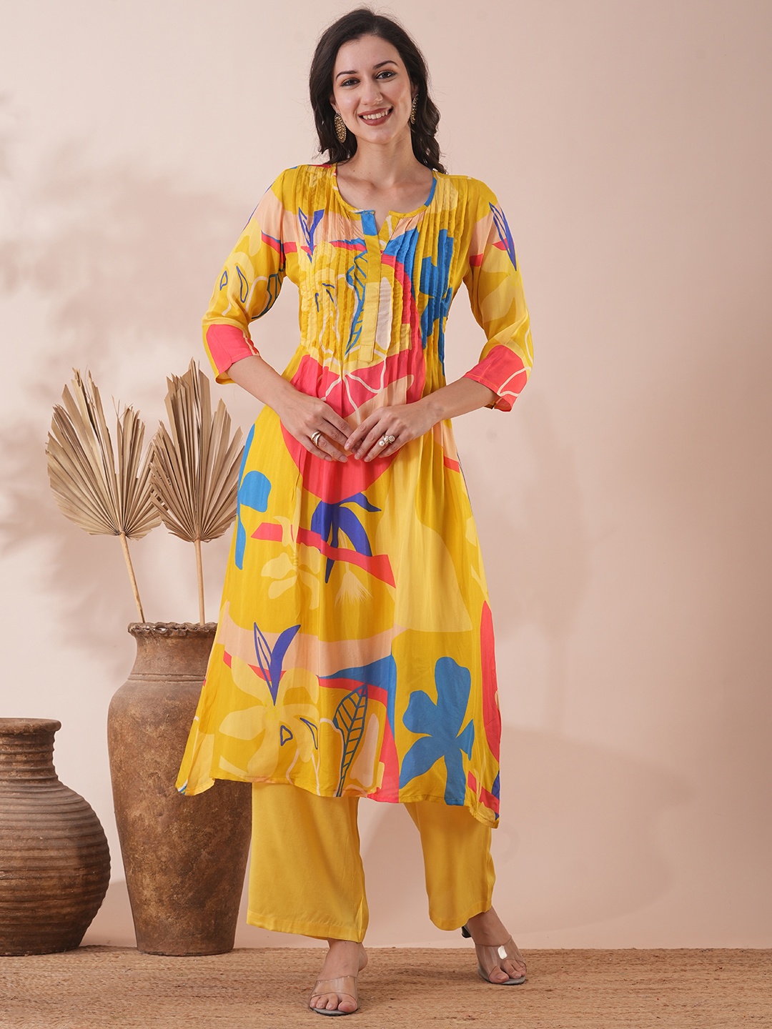 

FASHOR Abstract Printed A-Line Kurta With Palazzos, Yellow